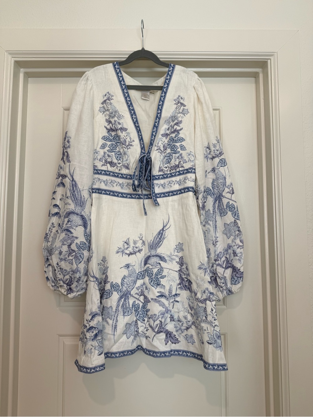 Caroline Constas White Dress with Blue Floral & Bird Embroidery